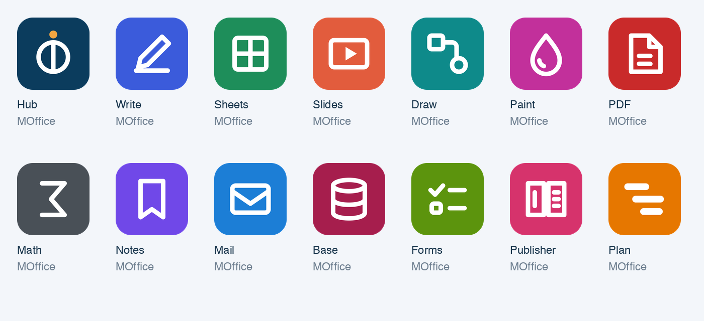 14 значков MOffice: Hub, Write, Sheets, Slides, Draw, Paint, PDF, Math, Notes, Mail, Base, Forms, Publisher и Plan